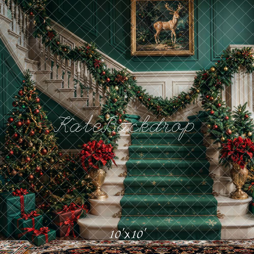 Kate Christmas Retro White Green Marble Staircase Backdrop Designed by Chain Photography