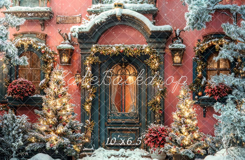 Kerst donkergroene boogdeur oranje muur achtergrond ontworpen door Chain Photography