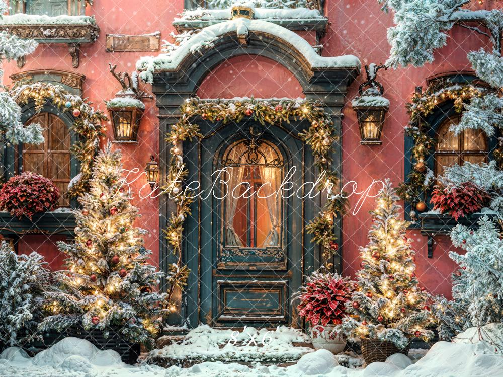 Kerst donkergroene boogdeur oranje muur achtergrond ontworpen door Chain Photography