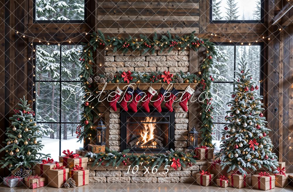 Winter Kerst witte bakstenen open haard met donkerbruine omlijsting raamachtergrond ontworpen door Emetselch