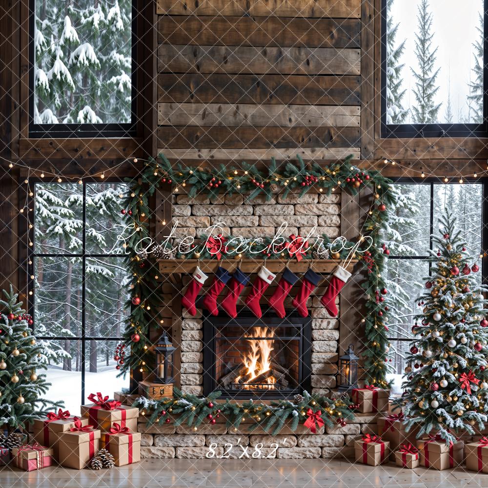 Kate Winter Christmas White Brick Fireplace Dark Brown Framed Window Backdrop Designed by Emetselch