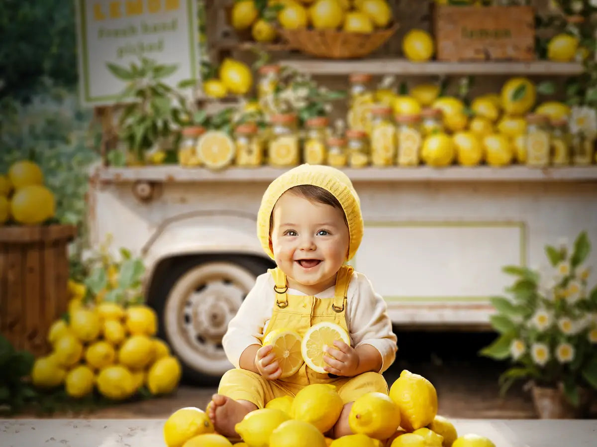 Fondo de stand de limón amarillo con flores blancas de verano diseñado por Emetselch