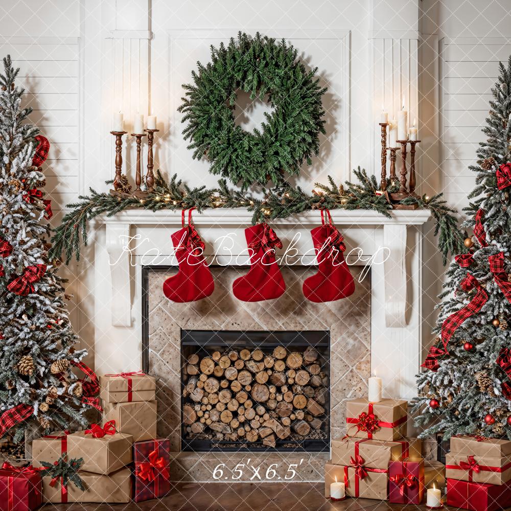 Kate Christmas Green Wreath White Fireplace Room Backdrop Designed by Emetselch