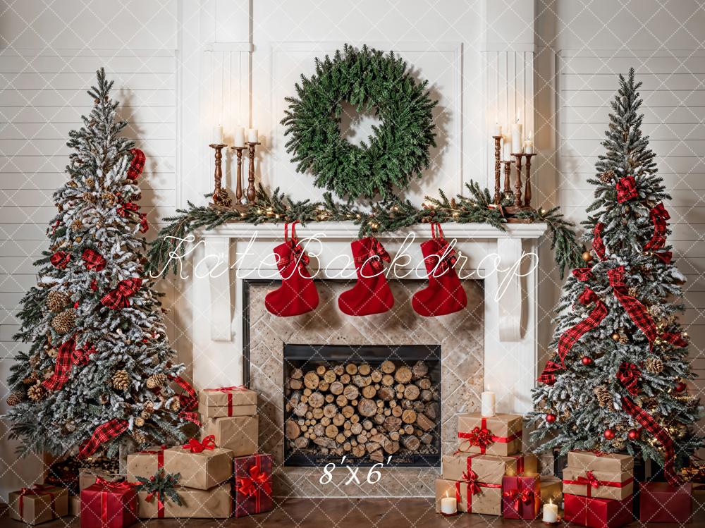Kate Christmas Green Wreath White Fireplace Room Backdrop Designed by Emetselch