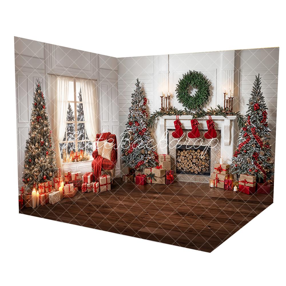 Kate Winter Christmas Indoor White Curtain Framed Window Retro Wall Room Set