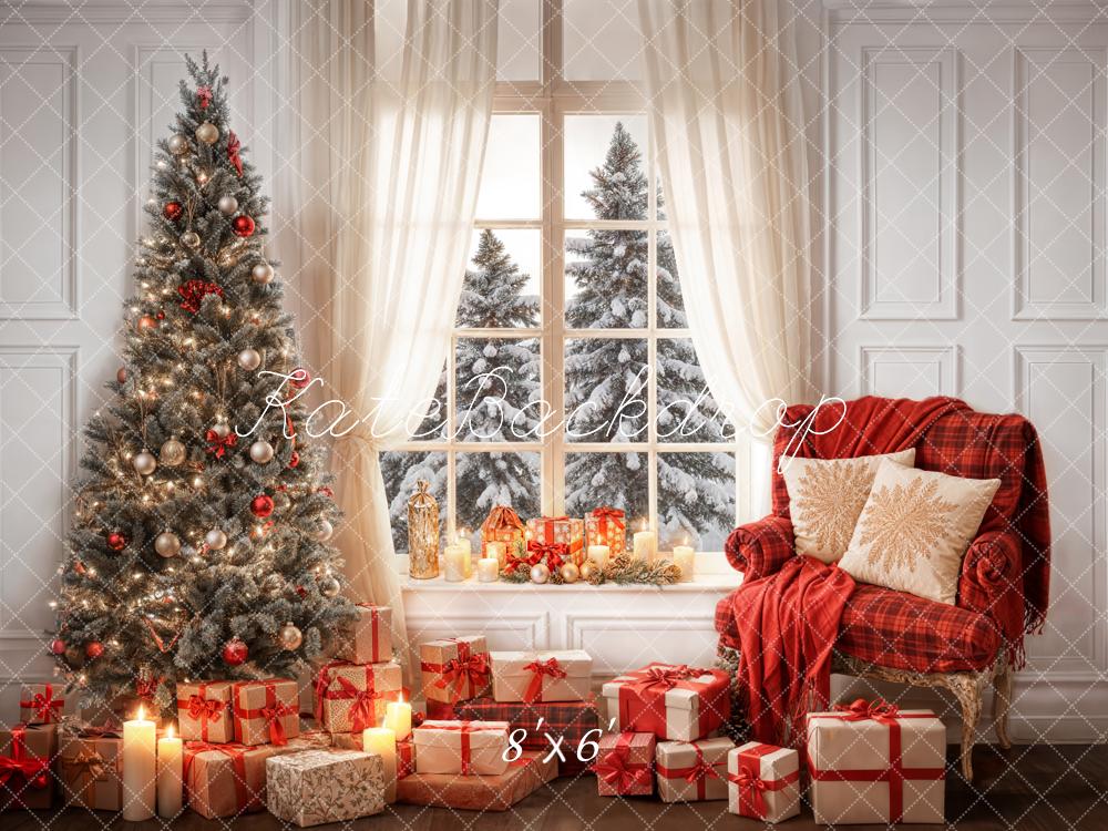 Kate Winter Christmas Indoor White Curtain Framed Window Retro Wall Backdrop Designed by Emetselch
