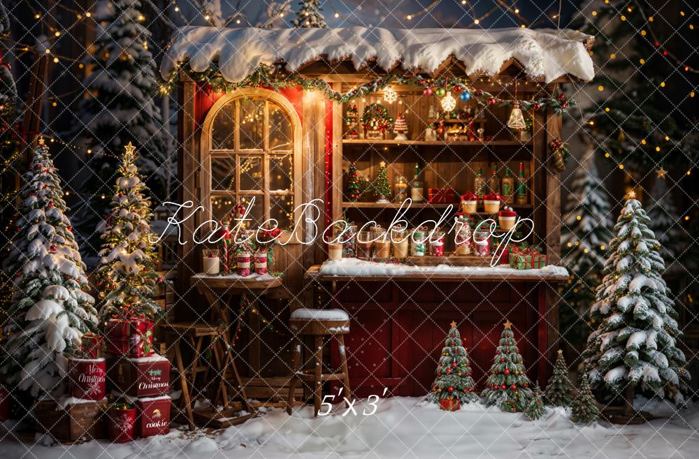 Winter Kerst Buiten Bos Rode Bruine Houten Eettruck Achtergrond Ontworpen door Emetselch
