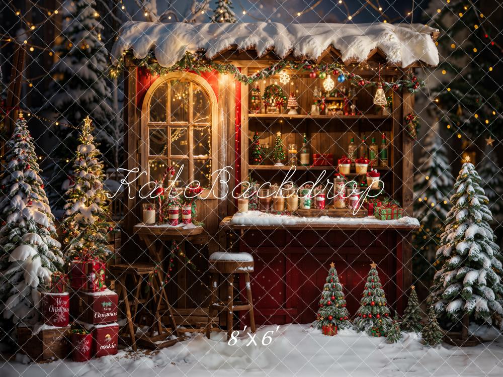 Kate Winter Christmas Outdoor Forest Red Brown Wooden Dining Truck Backdrop Designed by Emetselch