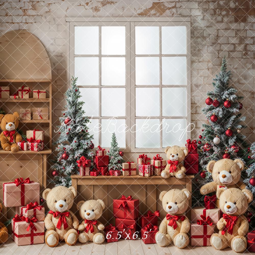 Kate Christmas Teddy Bear White Framed Window Grey Brick Wall Backdrop Designed by Emetselch