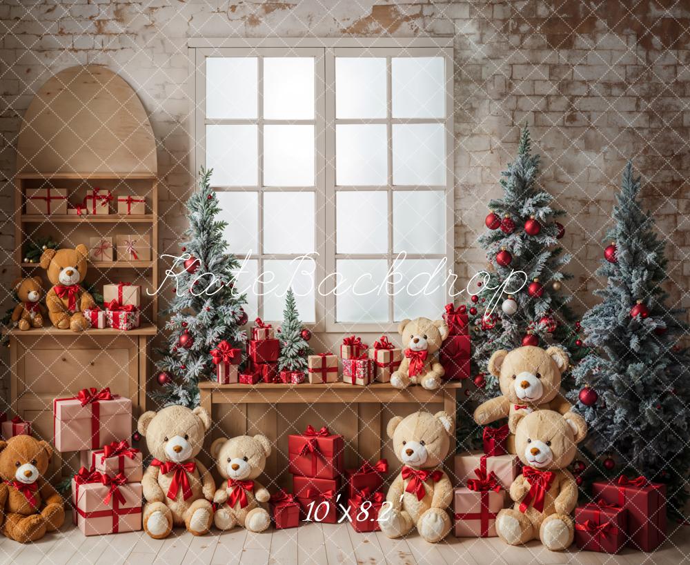 Kerst Teddybeer Wit Ingelijst Raam Grijs Bakstenen Muur Achtergrond Ontworpen door Emetselch