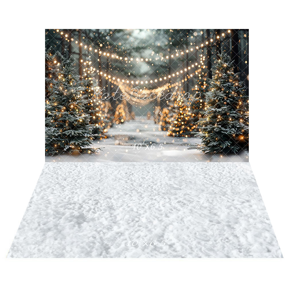 Kate Winter Christmas Outdoor Forest White Snowland Backdrop+Snow Floor Backdrop