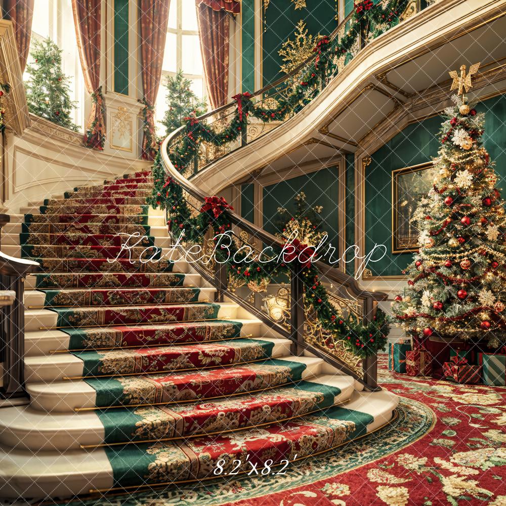 Kate Christmas Colorful Retro Floral Staircase Dark Green Wall Backdrop Designed by Emetselch