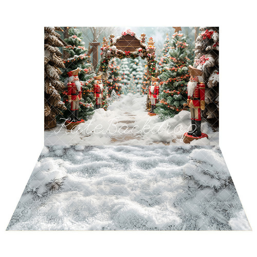 TEST Kate Winter Outdoor Forest White Snow Nutcracker Backdrop+Forest White Snowland Floor Backdrop