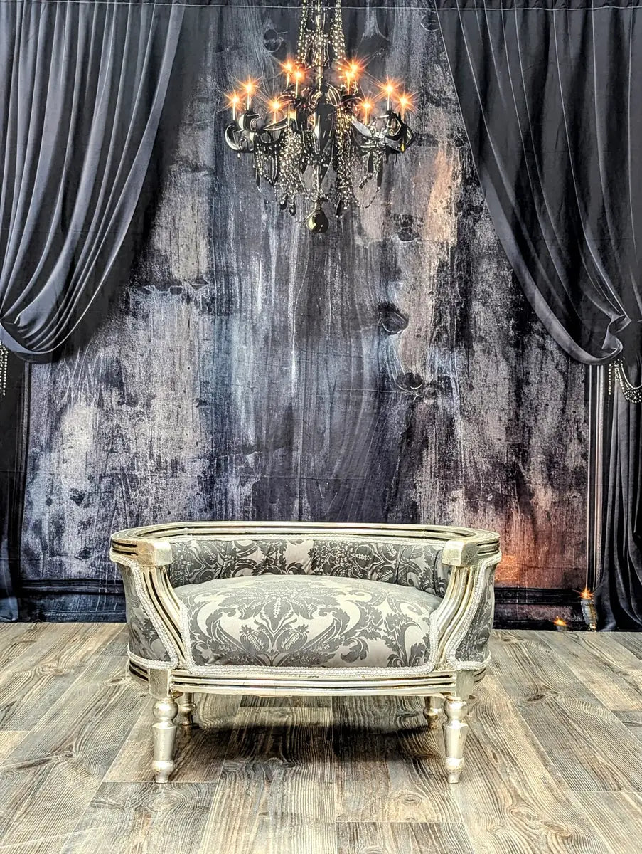 Kate Dark Vintage Black Elegant Curtain Chandelier Wall Backdrop Designed by Lidia Redekopp