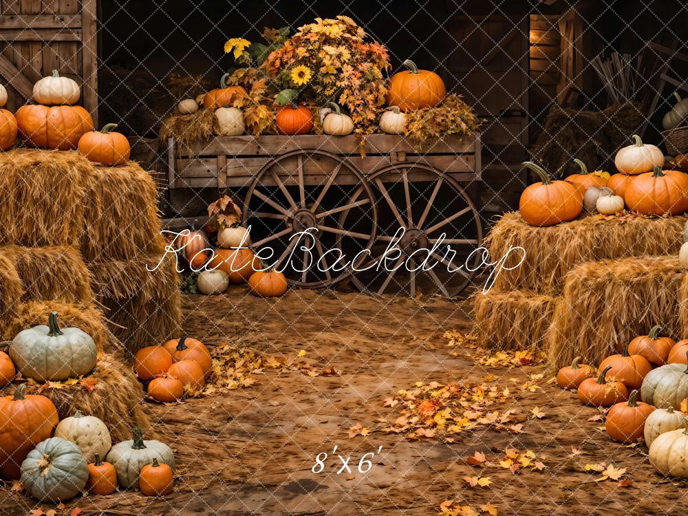 Kate Autumn Colorful Pumpkin Brown Wooden Barn Backdrop Designed by Chain Photography