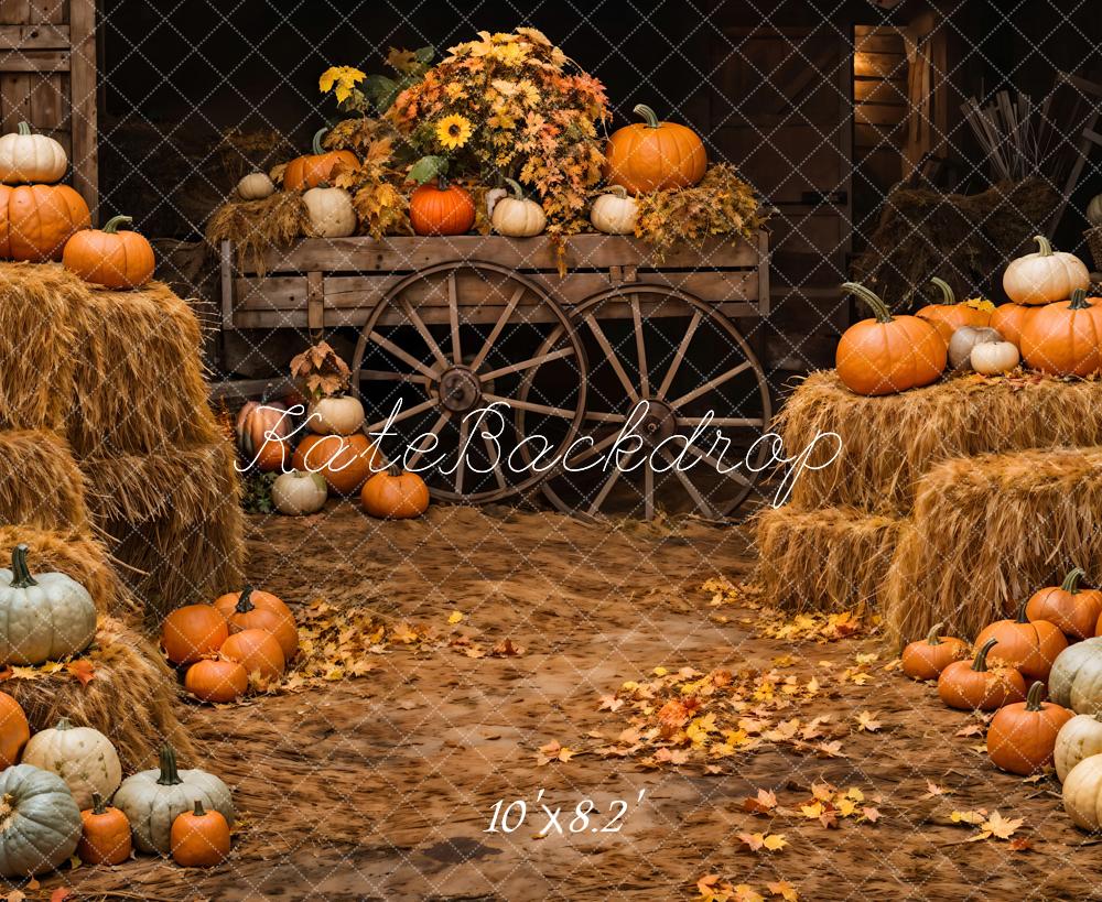 Kate Autumn Colorful Pumpkin Brown Wooden Barn Backdrop Designed by Chain Photography