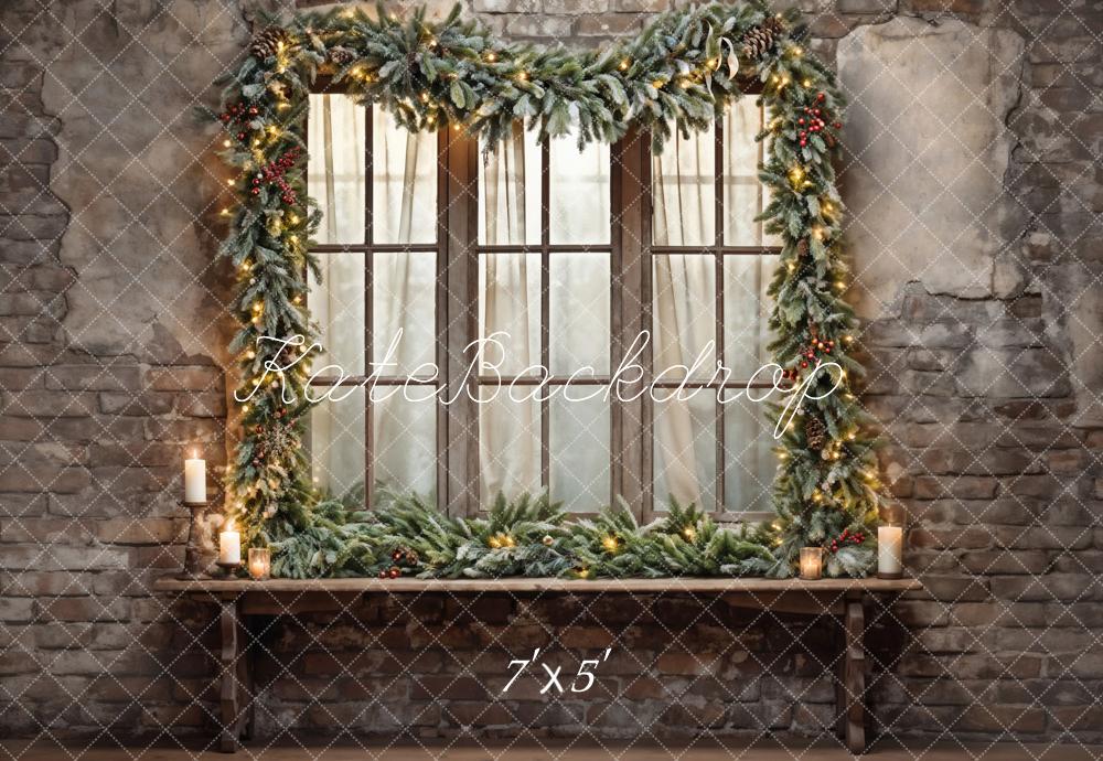 Kate Christmas Window Dark Grey Broken Brick Wall Backdrop Designed by Emetselch