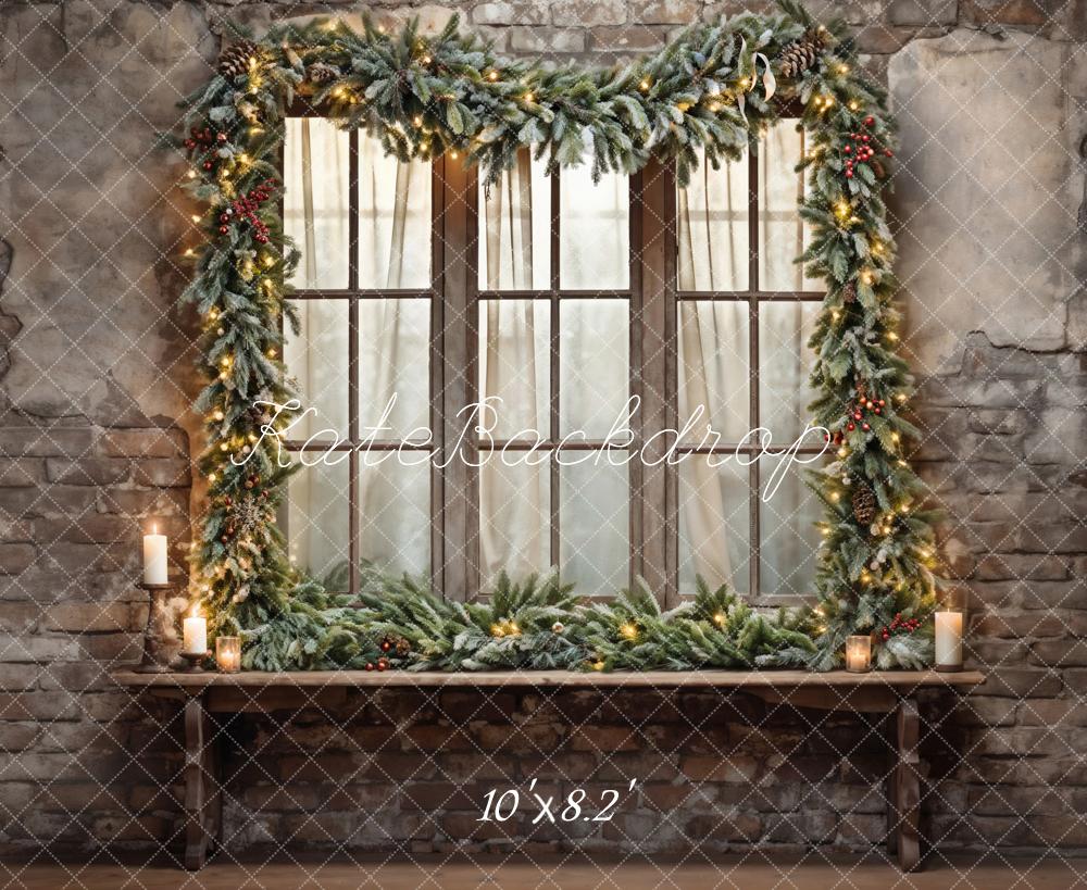 Kate Christmas Window Dark Grey Broken Brick Wall Backdrop Designed by Emetselch