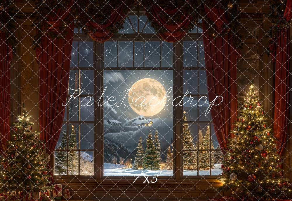Kate Christmas Night Red Curtain Framed Window Retro Wall Backdrop Designed by Chain Photography
