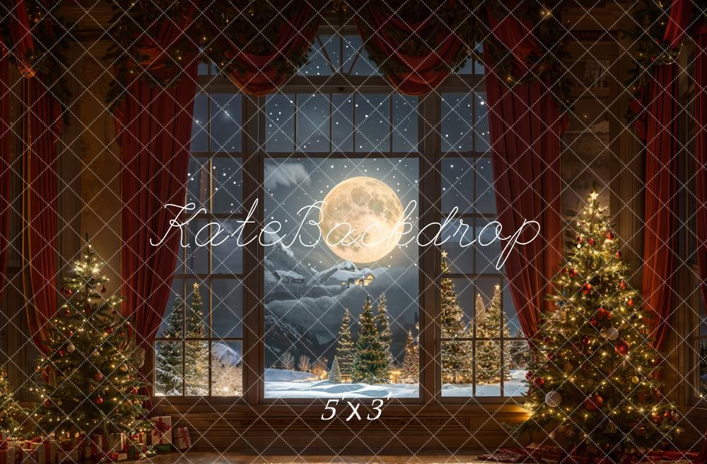 Kate Christmas Night Red Curtain Framed Window Retro Wall Backdrop Designed by Chain Photography