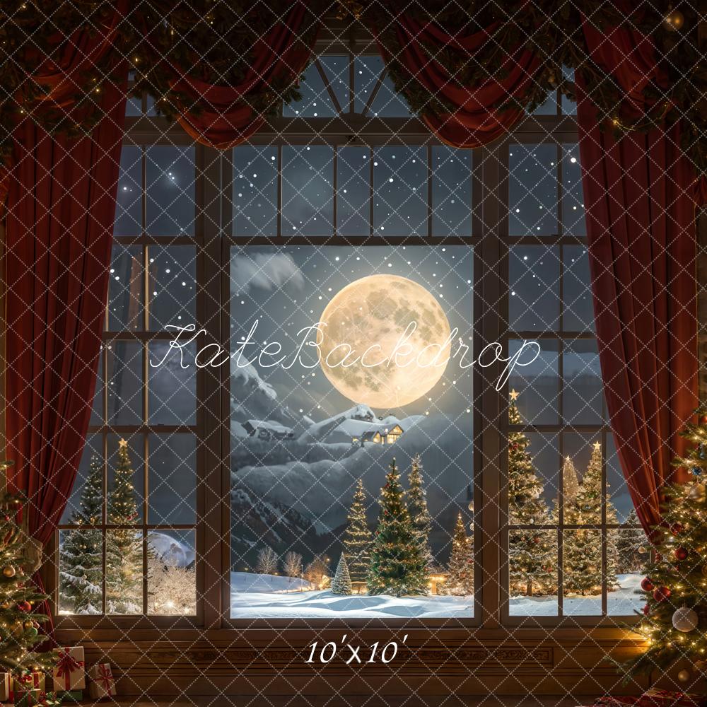 Kate Christmas Night Red Curtain Framed Window Retro Wall Backdrop Designed by Chain Photography