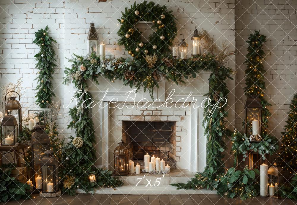 Kate Winter Christmas Indoor White Brick Fireplace Backdrop Designed by Emetselch