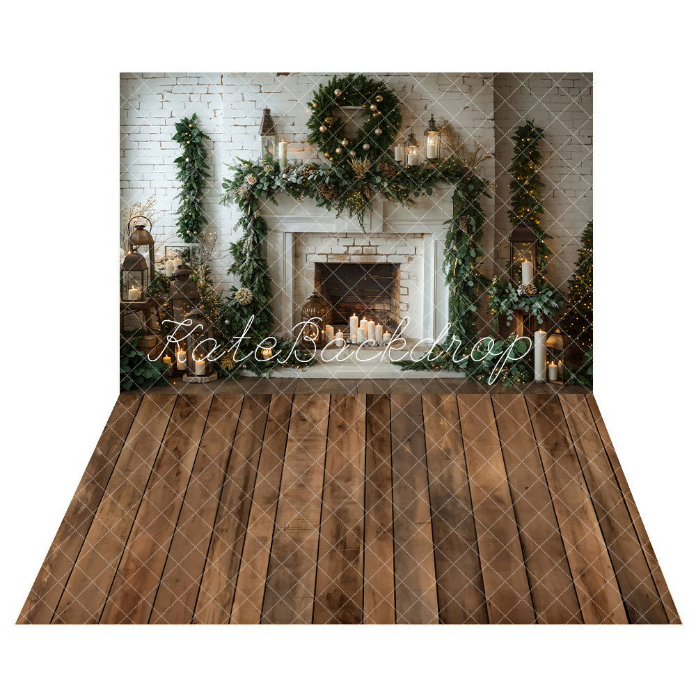 Kate Winter Christmas Indoor White Brick Fireplace Backdrop+Brown Old Wooden Floor Backdrop