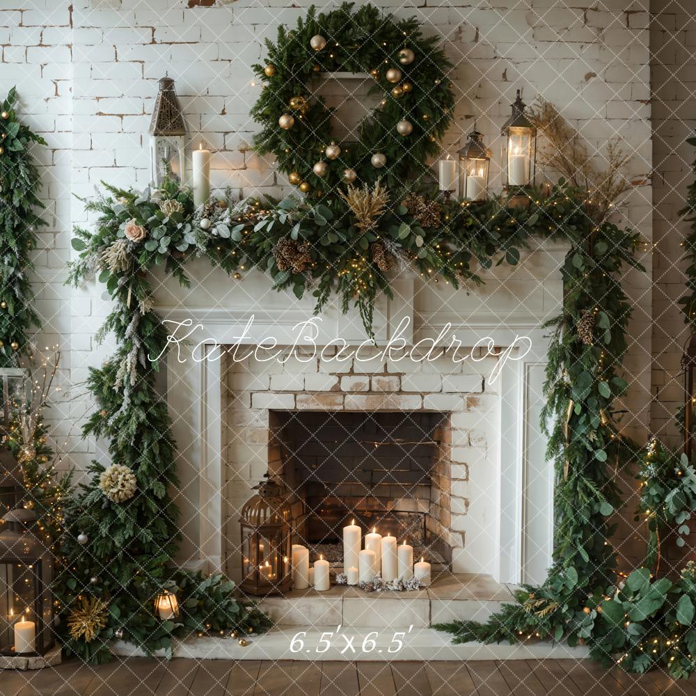 Kate Winter Christmas Indoor White Brick Fireplace Backdrop Designed by Emetselch