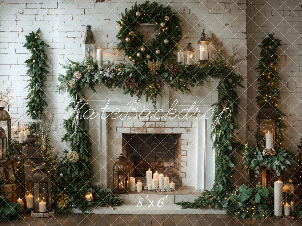 Kate Winter Christmas Indoor White Brick Fireplace Backdrop Designed by Emetselch