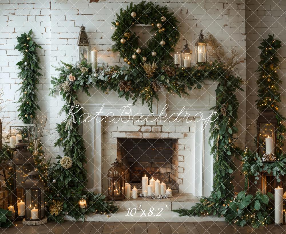 Kate Winter Christmas Indoor White Brick Fireplace Backdrop Designed by Emetselch