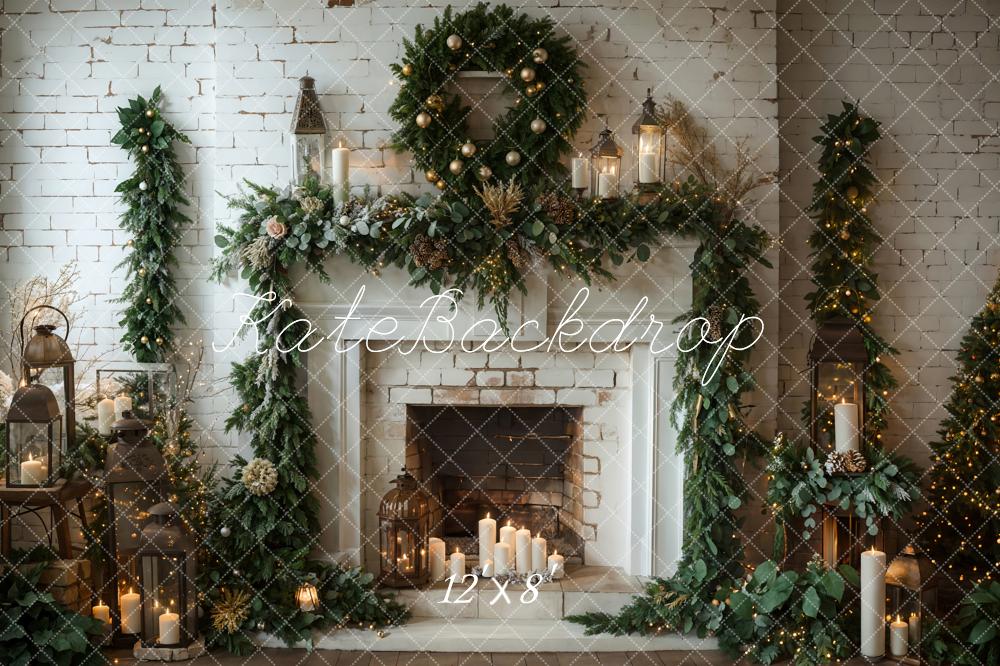 Kate Winter Christmas Indoor White Brick Fireplace Backdrop Designed by Emetselch