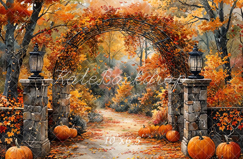 Kate Retro Watercolor Autumn Forest Pumpkin Arch Gate Backdrop Designed by GQ
