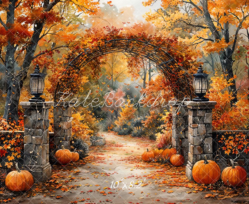 Kate Retro Watercolor Autumn Forest Pumpkin Arch Gate Backdrop Designed by GQ