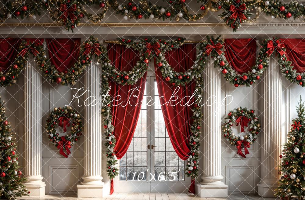 Kate Christmas Red Curtain Framed Window White Retro Wall Backdrop Designed by Chain Photography