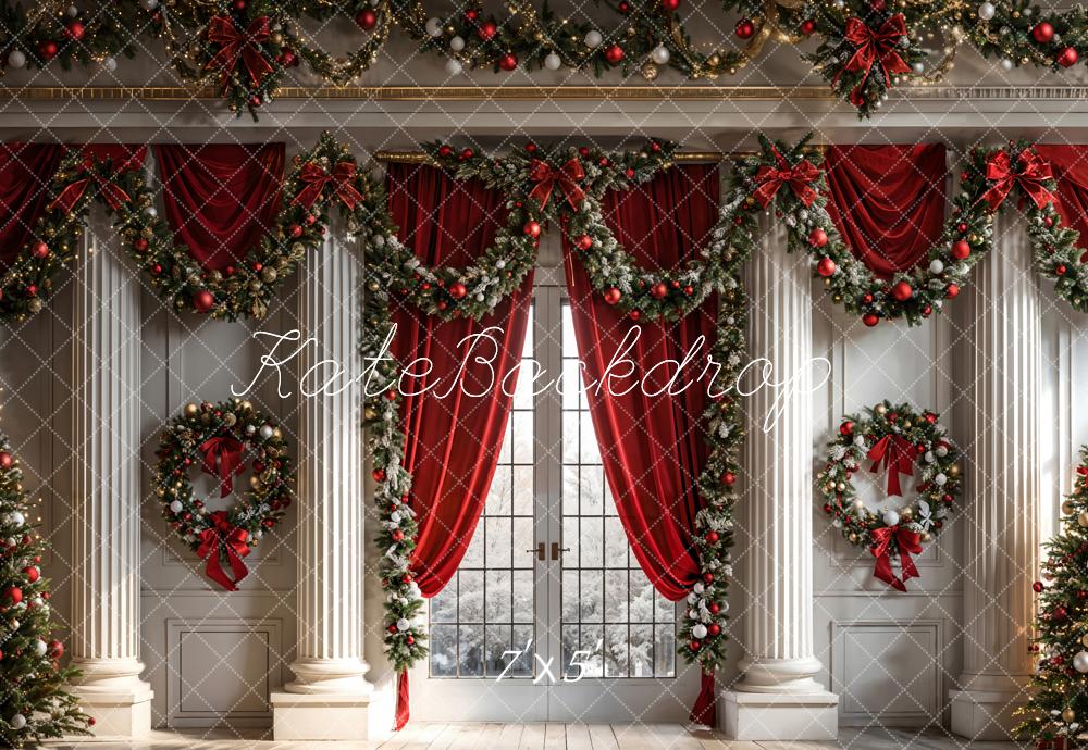Kate Christmas Red Curtain Framed Window White Retro Wall Backdrop Designed by Chain Photography