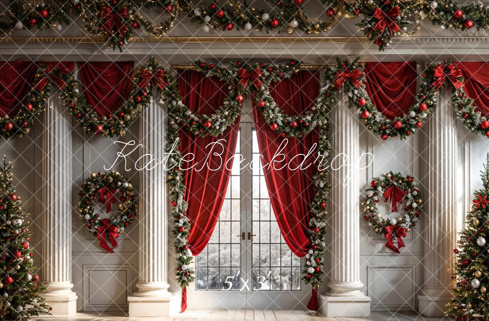 Kate Christmas Red Curtain Framed Window White Retro Wall Backdrop Designed by Chain Photography