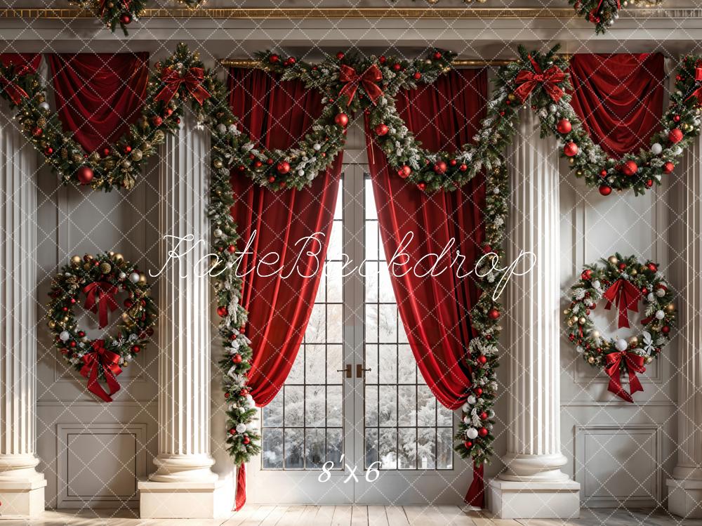 Cortina roja de navidad enmarcada con ventana de pared retro blanca diseñada por la fotografía en cadena