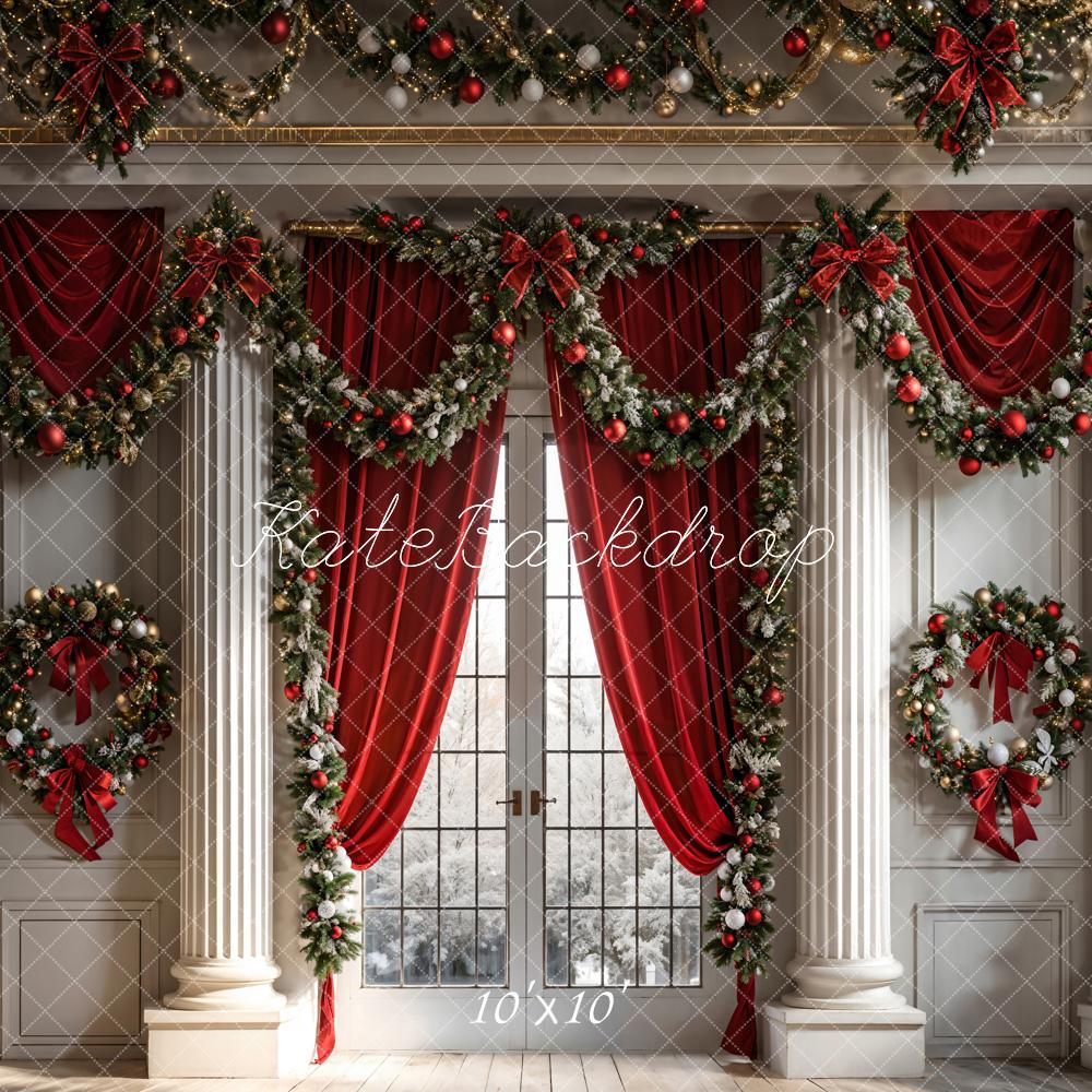 Kate Christmas Red Curtain Framed Window White Retro Wall Backdrop Designed by Chain Photography