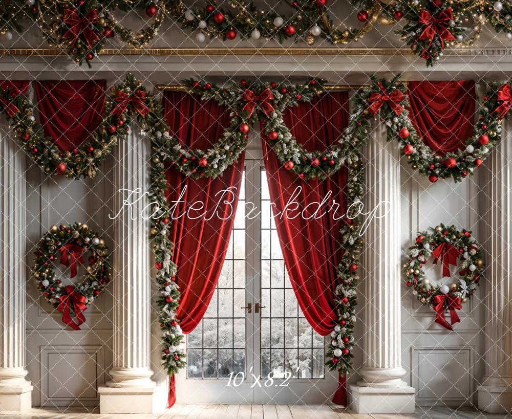 Cortina roja de navidad enmarcada con ventana de pared retro blanca diseñada por la fotografía en cadena