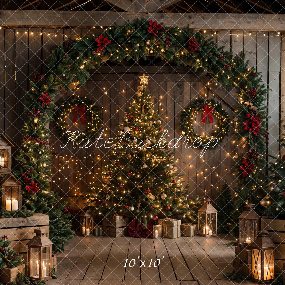 Kate Christmas Night Dark Brown Wooden Arched Barn Door Backdrop Designed by Chain Photography