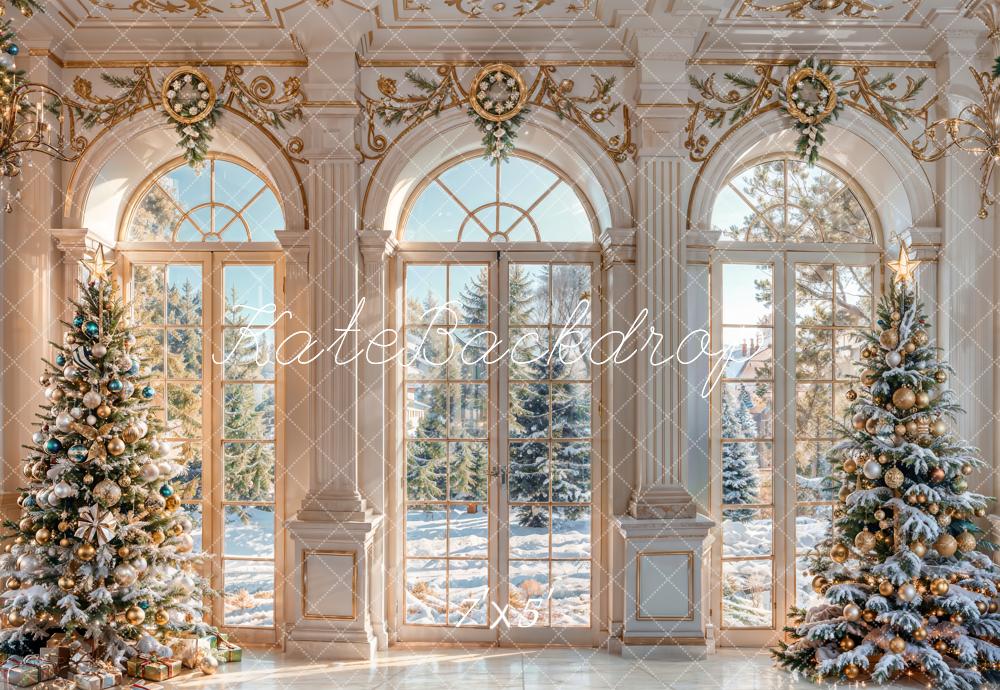 Kate Winter Christmas White Retro Floral Arched Window Backdrop Designed by Chain Photography