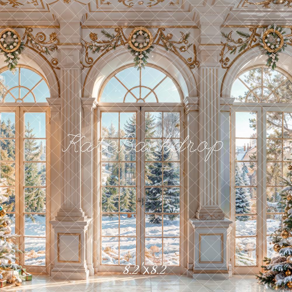 Kate Winter Christmas White Retro Floral Arched Window Backdrop Designed by Chain Photography