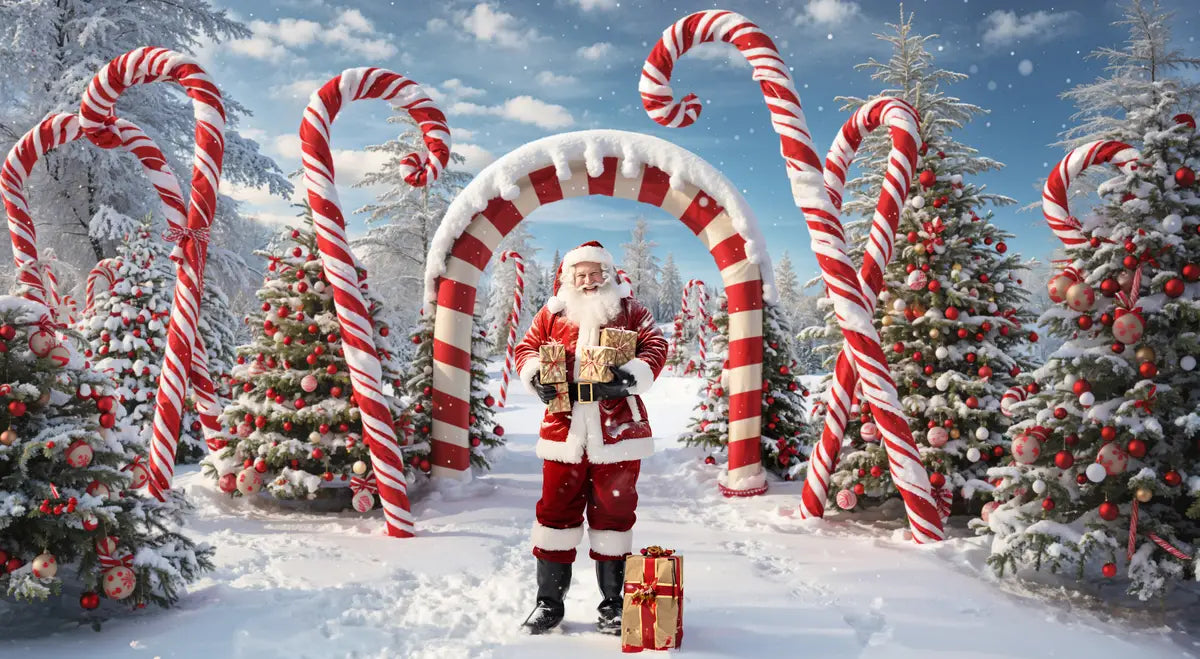 Kate Winter Christmas Outdoor Forest Snow Candy Arch Backdrop Designed by Chain Photography