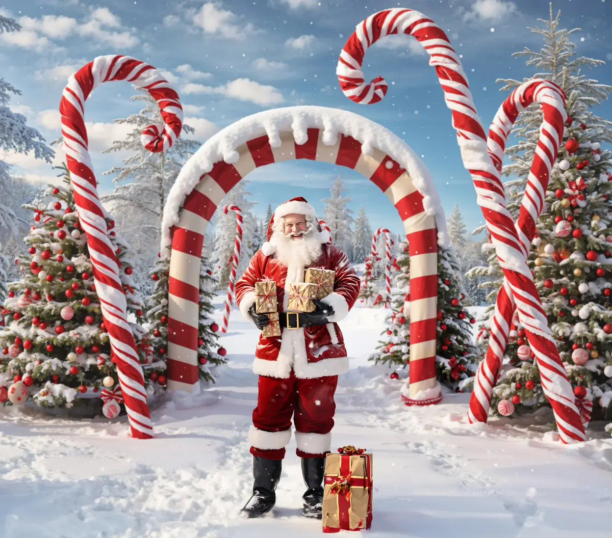 Kate Winter Christmas Outdoor Forest Snow Candy Arch Backdrop Designed by Chain Photography