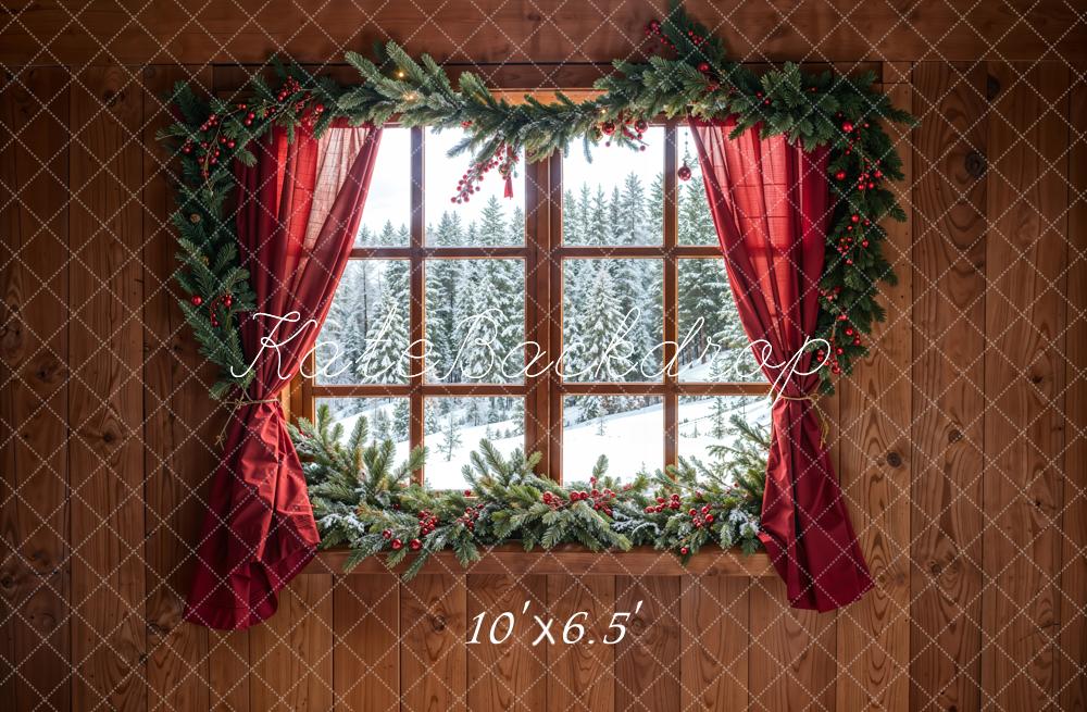 Kate Christmas Forest Red Curtain Framed Window Brown Wooden Wall Backdrop Designed by Chain Photography