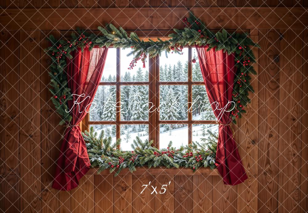 Kate Christmas Forest Red Curtain Framed Window Brown Wooden Wall Backdrop Designed by Chain Photography