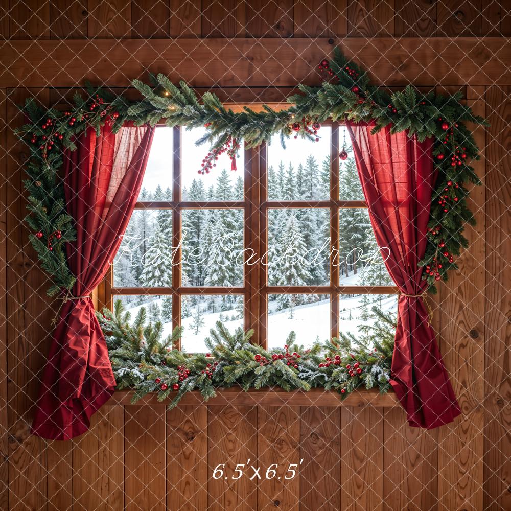 Kate Christmas Forest Red Curtain Framed Window Brown Wooden Wall Backdrop Designed by Chain Photography