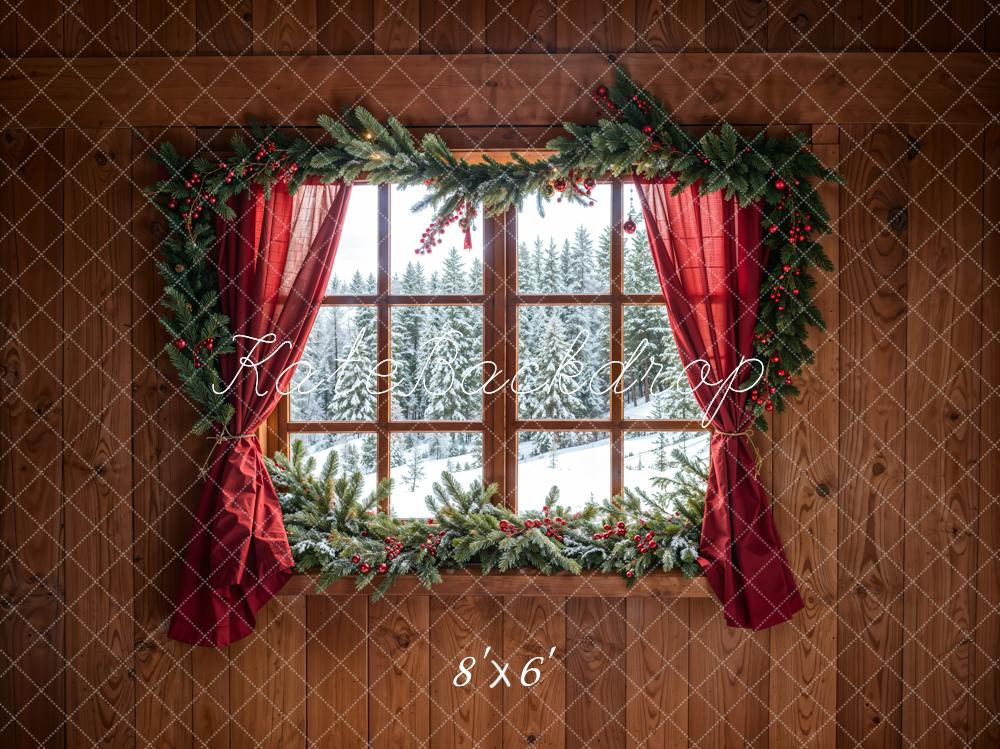 Kate Christmas Forest Red Curtain Framed Window Brown Wooden Wall Backdrop Designed by Chain Photography