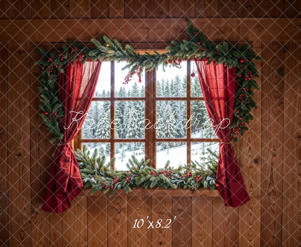 Kate Christmas Forest Red Curtain Framed Window Brown Wooden Wall Backdrop Designed by Chain Photography