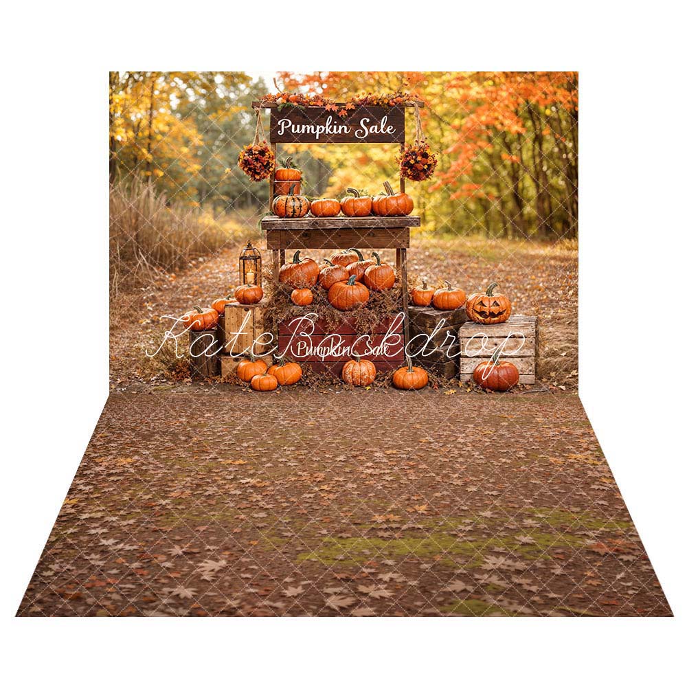 TEST Kate Autumn Forest Halloween Pumpkin Sale Stand Backdrop+Autumn Forest Yellow Maple Leaves Wet Meadow Floor Backdrop